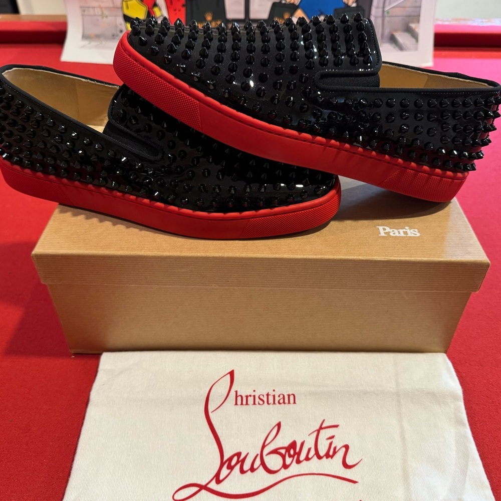 Christian Louboutin Black and Red Spiked Loafers